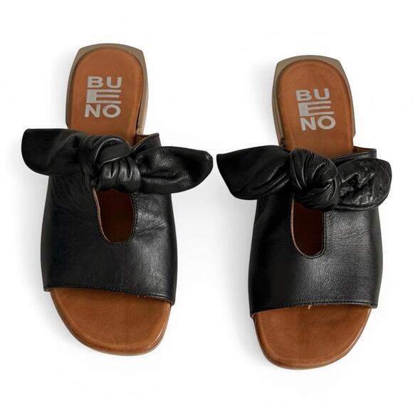 Bueno Shoes - Bueno Black Leather Knot Slide Sandals Square Toe Slip On Size 38 US 7.5 Flats